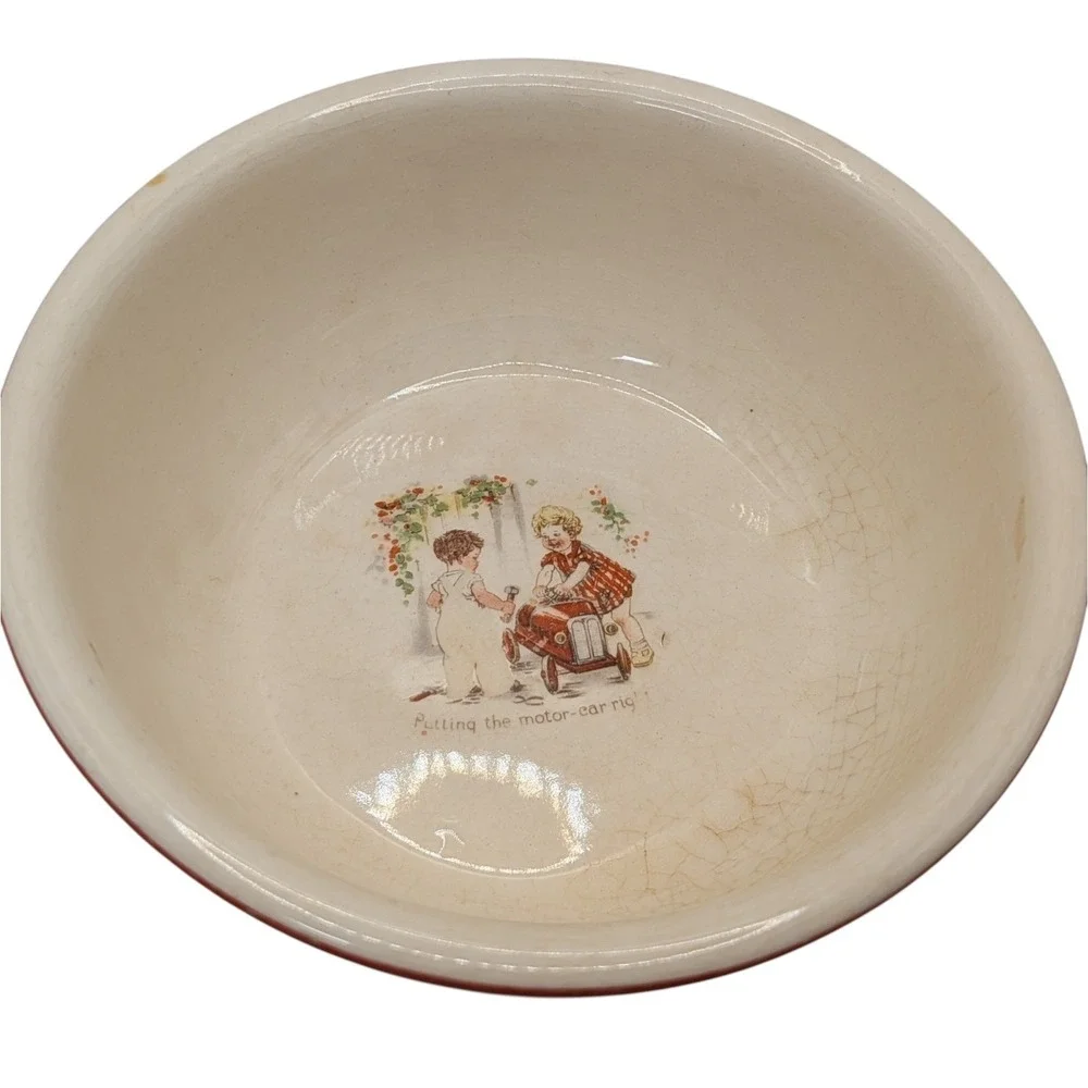 Antique Putting The Motor Car Right Childs Porcelain Bowl Red Trim Cereal Soup
